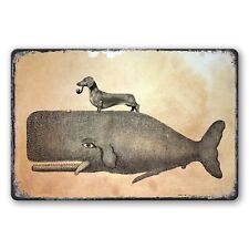 Vintage Dachshund Dog Riding Whale Metal Tin Sign, picture