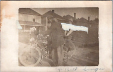 RPPC Indian Motorcycle c1910 Man Newsboy Cap Child on Back Homes Bill Singer picture