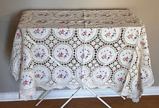RARE Vtg Hand Crocheted Embroidered Floral Linen Tablecloth French Country Decor picture