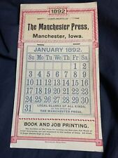 Vintage Advertising Calendar Manchester Press Iowa 1892 8.25”x4.75” picture