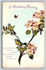 Birds on Flowered Branch with Butterfly Birthday Greeting Vintage Postcard 1062 picture