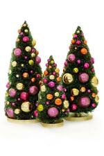 Dark Green Bottle Brush Trees Gold and Pink Shiny Balls Christmas Set of 3 picture