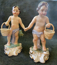 Rare Antique Matched Pair 1944 JABESON PORCELAIN Boy with a Basket Figurines picture