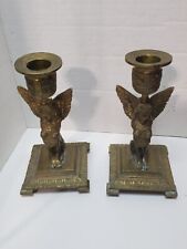 Pair Antique 1800s  Winged Griffon Sphinx Female Brass Bronze Candle Holders J picture
