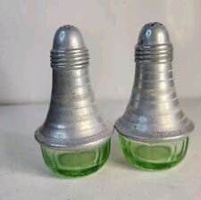 Vintage Green Uranium Depression Glass Metal Aluminum Salt Pepper Shakers picture