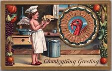1909 THANKSGIVING Embossed Postcard Naked Angel Chef with Apron, Baking Pie picture
