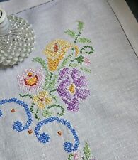Vintage Linen Cross Stitch Square Tablecloth Floral picture