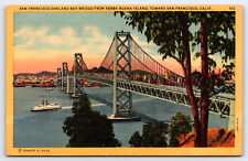 Original Old Vintage Antique Postcard Oakland Bay Bridge Ship San Francisco, CA picture