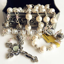 Bali Sterling Silver Bead +AAA White Pearl Catholic Rosary NECKLACE Cross Box picture