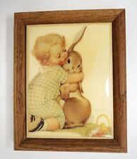 Vintage Torre Bevans Framed Art Tile Child Kissing Rabbit Easter Marjorie Torrey picture