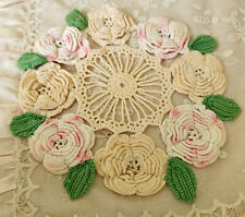 Vintage HUGE Thick CABBAGE ROSES Doily Handmade Pink & Cream Flowers Crocheted picture