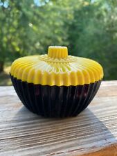 Akro Agate | Rare Sunflower Black & Yellow Ribbed Powder Trinket Jar Slag Glass picture