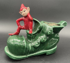 VTG Christmas Gilner MCM Red Pixie Elf Green Shoe Ceramic Planter Fairy Garden picture