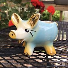 Vintage Japan Blue Yellow Gold Happy Pig 4” Ceramic Succulent Planter Cute picture