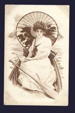 Vintage Postcard Postmarked July 1912 Artist Drawn Lady Holding Parasol Umbrella picture