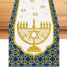 Linen Hanukkah Table Runner Chanukah Tablecloth Jewish Holiday Menorah Star of D picture