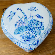 Vintage Chinese Heart Trinket Box Blue White Pink Garden Birds Hand Painted picture