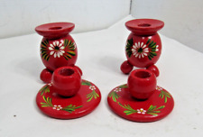 Vintage Hand Painted Swedish Wood Wooden Candle Holders Red Floral Set of 4 picture