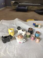 4 Vintage Ceramic Pin Cushions Scottie Dog Dairy Cow Bear Teapot 8 Wooden Spools picture