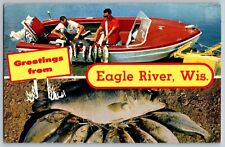 Eagle River, Wisconsin WI - Greetings - Hunting and Fishing - Vintage Postcard picture