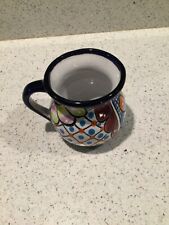 Mexican Talavera Venegas Pottery Coffee Cup Blue Trim hand painted 3D colorful picture