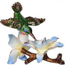 Bejeweled Enameled Animal Trinket Box/Figurine Hummingbird with Blue Flower picture