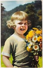 Vintage Little Girl Curly Hair Holding Yellow Flowers Daisies Color Postcard  picture