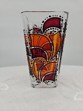 Handpainted German Stainglass Style Vase Black Orange And Maroon On Clear Glass picture