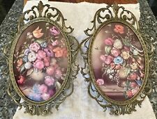 Vintage Ornate Convex Glass Brass Framed Floral Picture Italy Set Of 2 Love picture