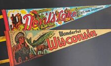 2 RARE LG VINTAGE WISCONSIN Felt Pennants. Devils Lake And Wisconsin Indian. 25” picture