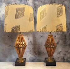 RARE Mid Century Heywood Wakefield Rattan Table Lamps Pair Retro Shades picture