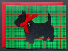 *ONE* Vtg Scottie Dog Christmas Card 3D Bow Black Velvet Scotty Scottish Terrier picture