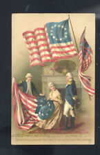 VINTAGE PATRIOTIC POSTCARD BETSY ROSS MAKING US FLAG GEORGE WASHINGTON 1909 picture