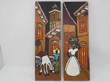 VINTAGE HAND CARVED & PAINTED WOOD BRAZIL E_M FOLK ART WALL PANELS SET OF 2 picture