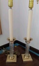 Pair Set 2 Vintage MCM  Hollywood Regency Heavy Brass &Glass Candle Table Lamps  picture