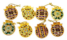 Set of 8 Ornate Goldtone Christmas Ornaments w Colorful Sparkly Glass Crystals picture