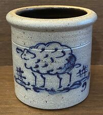 Vintage ROWE Pottery Works Blue Salt Glaze Crock with Sheep/Lamb Design—1989 picture
