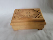 Carved decorated small wooden light colored lidded trinket jewelry box picture