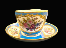 Antique Rihouet French Porcelain Tea Cup, Saucer Turquoise Gold Trim Floral 1850 picture