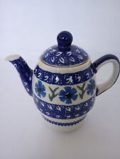 Vintage Boleslawiec Pottery Stacking Teapot Cup Wiza Poland Blue Flower 6 1/2