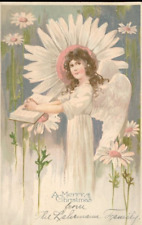 Antique Postcard Merry Christmas Art Nouveau Angel White Flowers Undivided 1905 picture