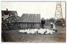 c1910's Girl Feeding Chickens On Farm With Dog RPPC Photo Antique Postcard picture