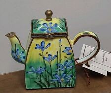 KELVIN CHEN Enamel Mini Hand painted Teapot Trinket Box BLUE EYED GRASS picture