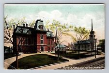 Hudson MA-Massachusetts, Unitarian Church, Town Hall, Vintage c1908 Postcard picture