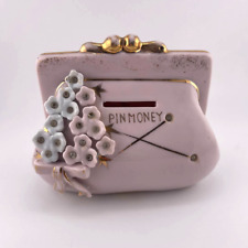 Vintage Ceramic Pink Gold Purse With Flowers Rhinestones Pin Money Bank Japan picture