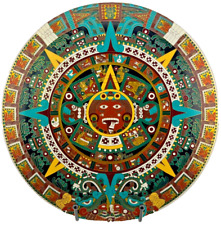 VTG Aztec Wall Art Metal Disc Mexican Mayan Sun Colorful 9 7/8