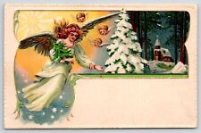Christmas~Pretty Angel Brings Tiny Tree~Night Lights Church in Wood~1909 Germany picture