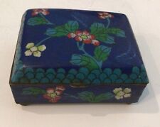Antique Dark Blue Chinese  Cloisonne Brass Floral Footed Trinket Cigarette Box picture