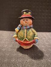 VINTAGE WOODEN  HAND- CARVED SNOWMAN FIGURINE CHRISTMAS HOLIDAYS 3 1/2” Tall picture