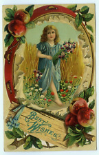 Pretty Little Girl With Flowers Tambourine Apples Border c1910 Postcard picture